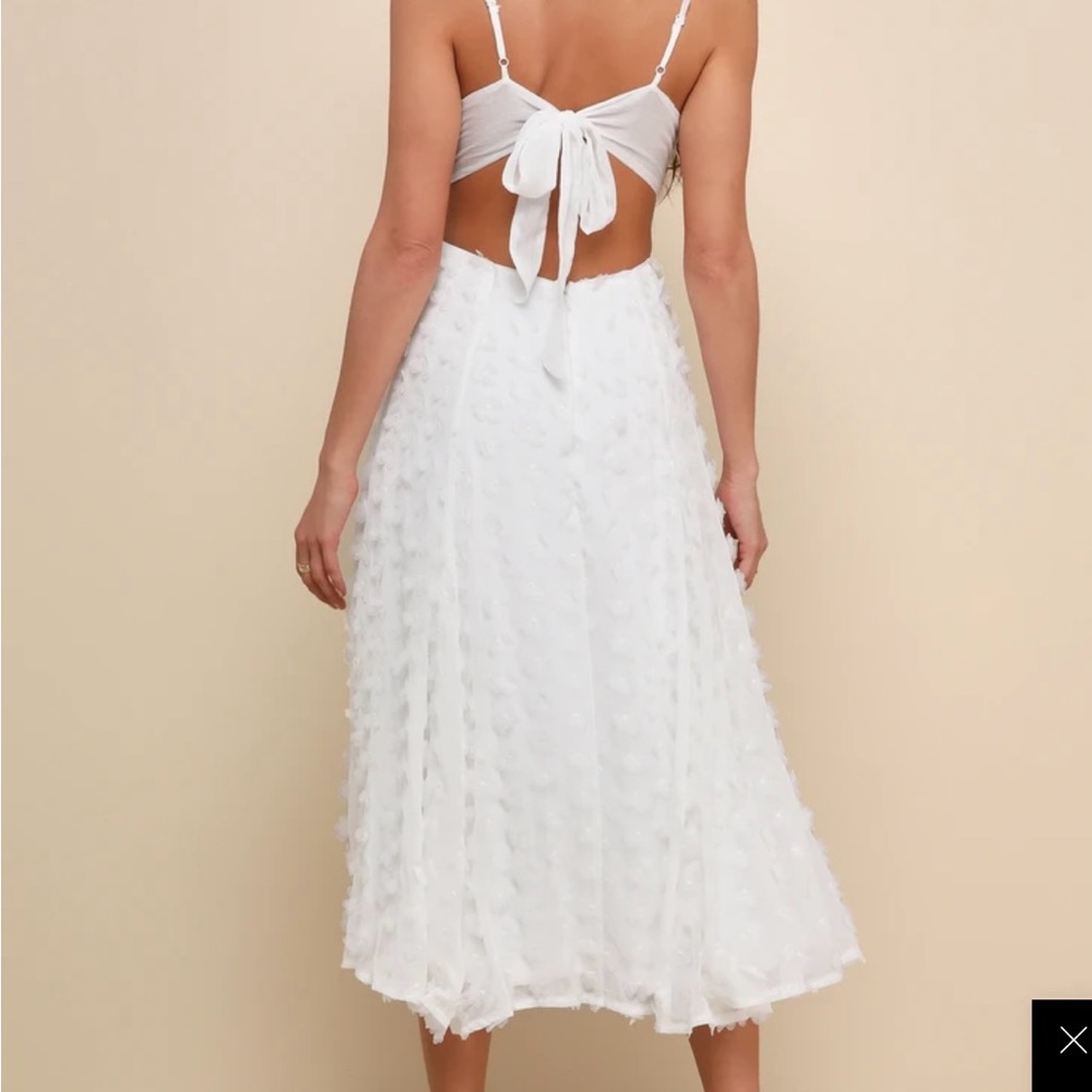 Lulus Tie-Back Dress- Darling Flirtation White 3D Floral Applique Tie-Back Midi